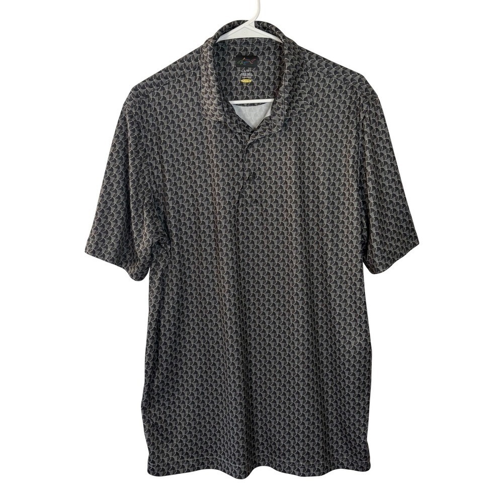 Greg Norman Play‎ Dry Mens L Golf Polo Shirt Grey Geometric Print Short Sleeve
